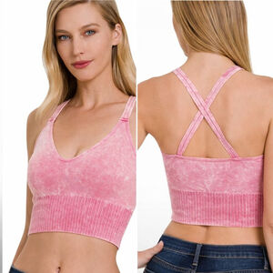 Zenana Washed Crisscross Back Seamless Cropped Tank Top Ash Pink S/M NWOT